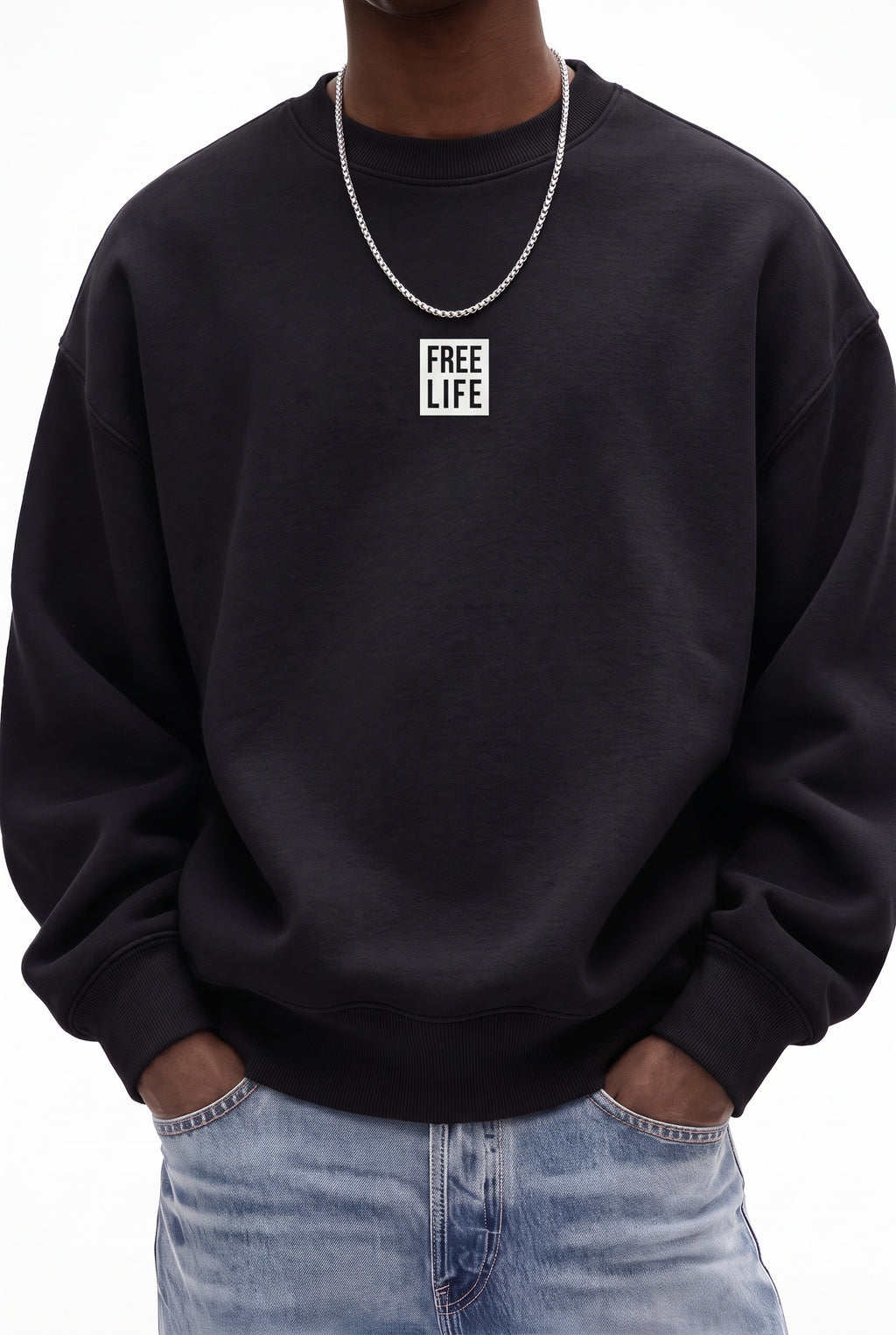Erkek Siyah Free Life Baskılı Kalın Soft 3 İplik içi Şardonlu 0 Sıfır Yaka Oversize Salaş Sweatshirt