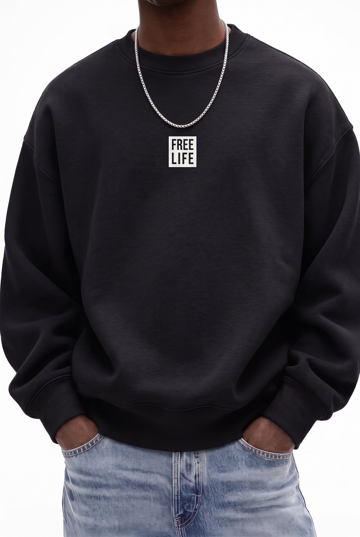 Erkek Siyah Free Life Baskılı Kalın Soft 3 İplik içi Şardonlu 0 Sıfır Yaka Oversize Salaş Sweatshirt