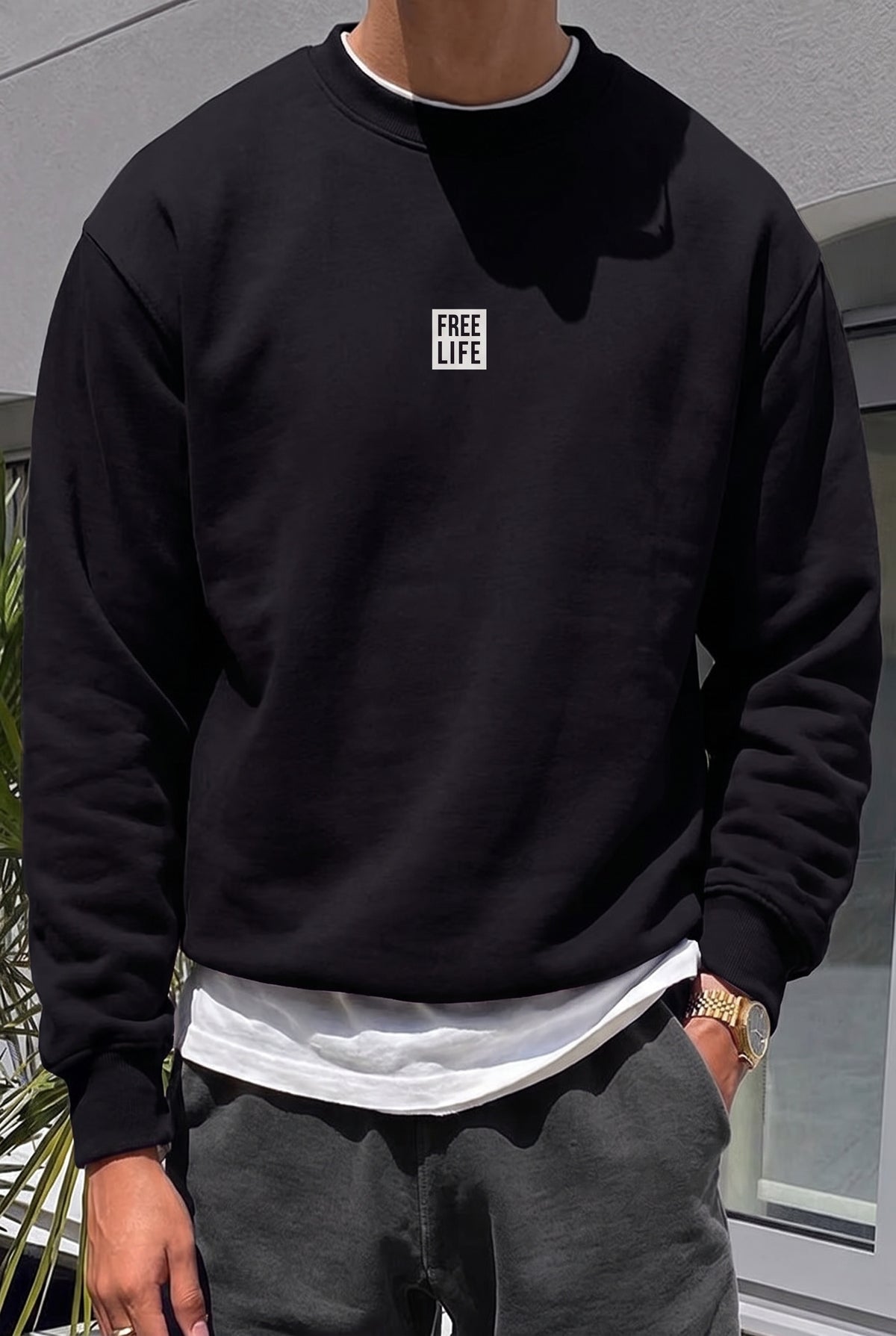 Erkek Siyah Free Life Baskılı Kalın Soft 3 İplik içi Şardonlu 0 Sıfır Yaka Oversize Salaş Sweatshirt