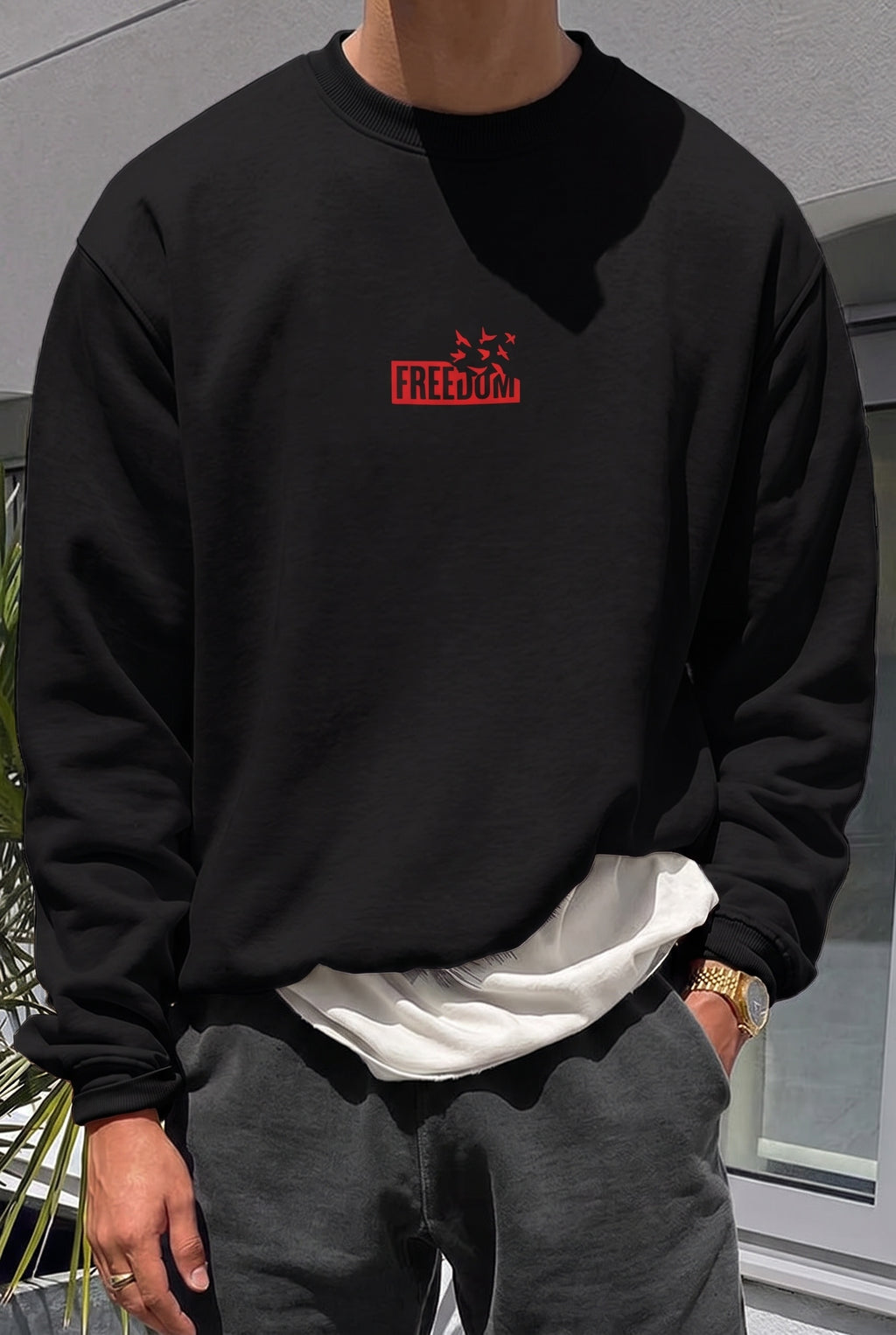 Erkek Siyah Freedom Baskılı Kalın Soft 3 İplik içi Şardonlu 0 Sıfır Yaka Oversize Salaş Sweat
