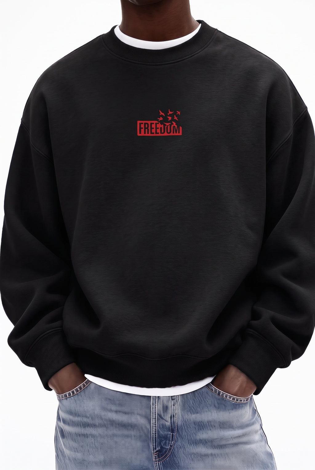 Erkek Siyah Freedom Baskılı Kalın Soft 3 İplik içi Şardonlu 0 Sıfır Yaka Oversize Salaş Sweat