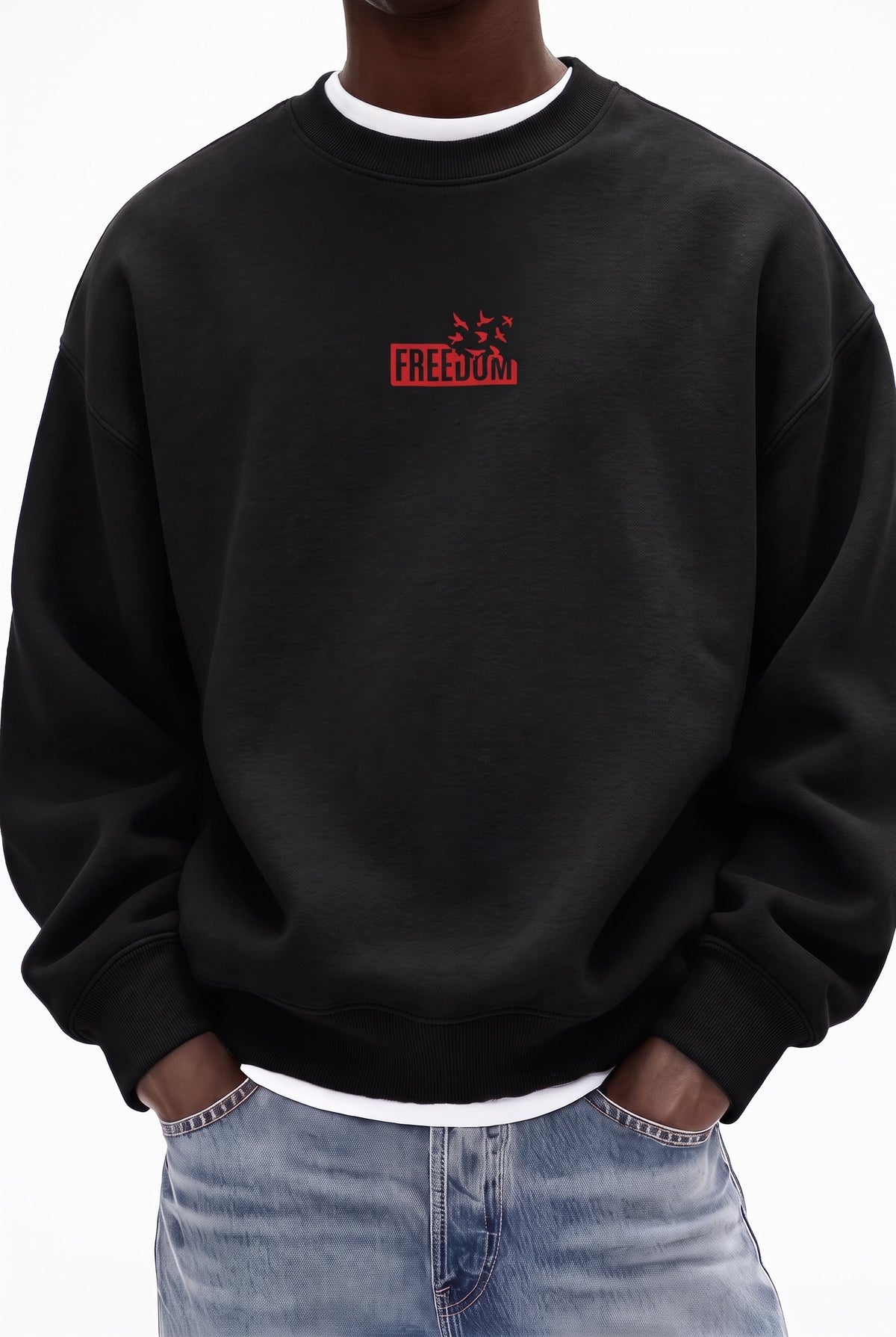 Erkek Siyah Freedom Baskılı Kalın Soft 3 İplik içi Şardonlu 0 Sıfır Yaka Oversize Salaş Sweat
