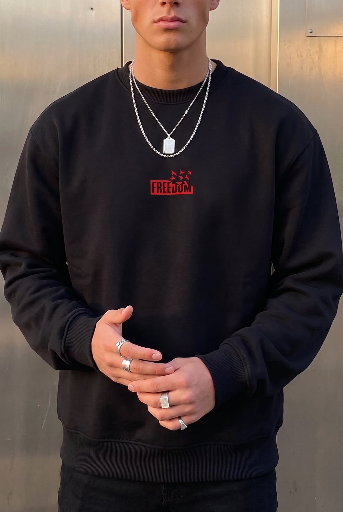 Erkek Siyah Freedom Baskılı Kalın Soft 3 İplik içi Şardonlu 0 Sıfır Yaka Oversize Salaş Sweat