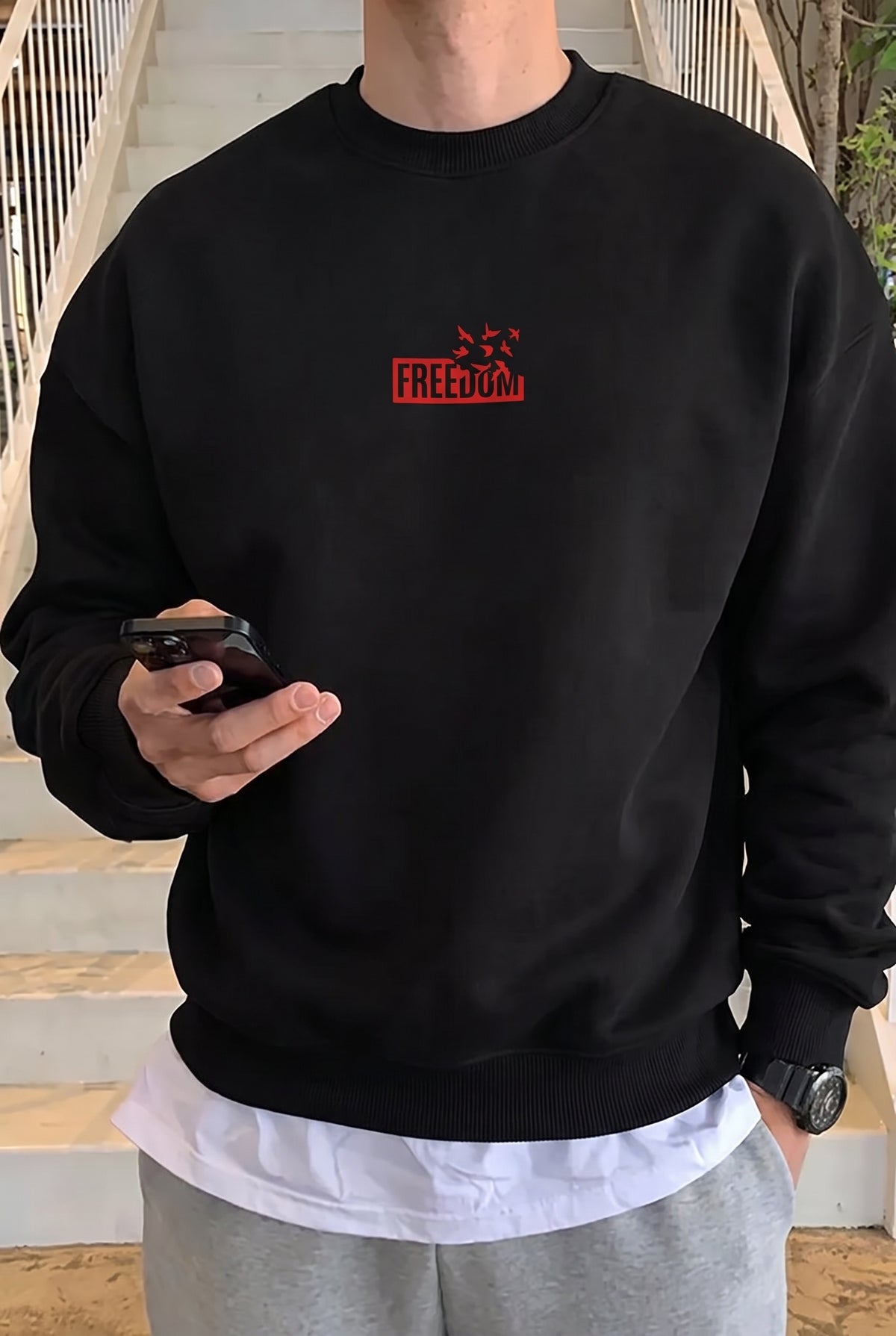 Erkek Siyah Freedom Baskılı Kalın Soft 3 İplik içi Şardonlu 0 Sıfır Yaka Oversize Salaş Sweat