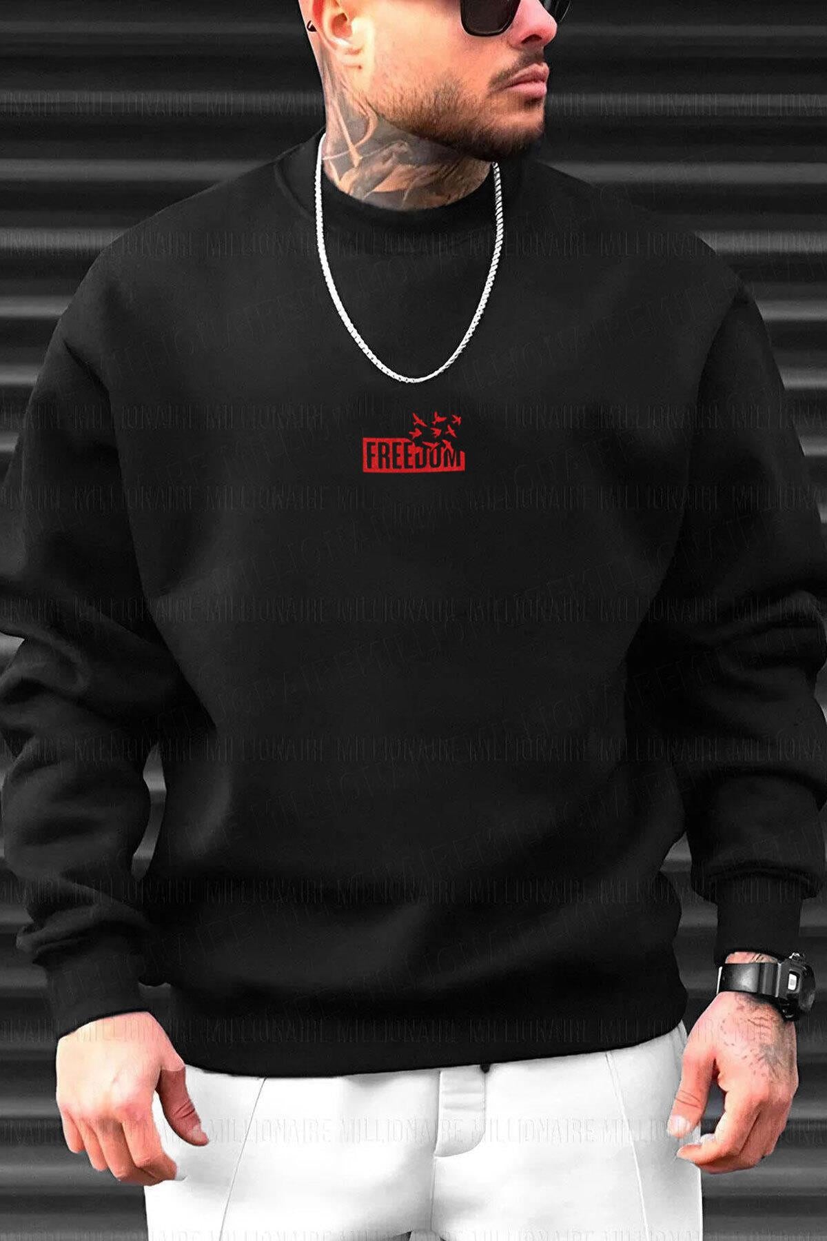Erkek Siyah Freedom Baskılı Kalın Soft 3 İplik içi Şardonlu 0 Sıfır Yaka Oversize Salaş Sweat