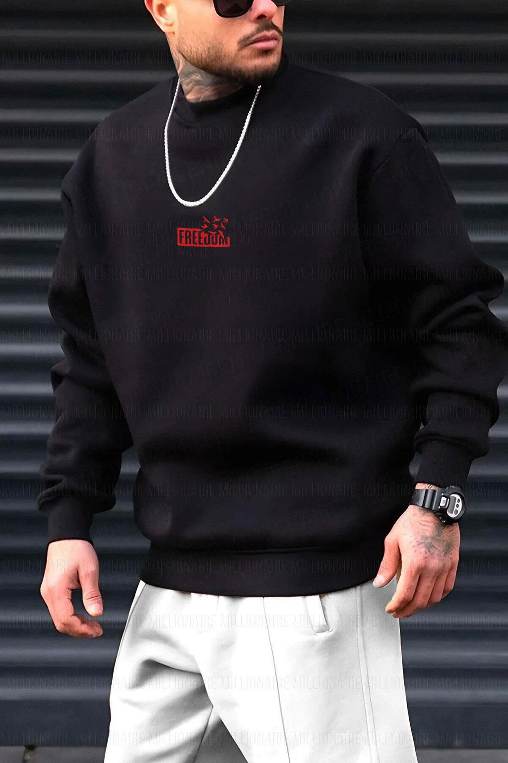 Erkek Siyah Freedom Baskılı Kalın Soft 3 İplik içi Şardonlu 0 Sıfır Yaka Oversize Salaş Sweat
