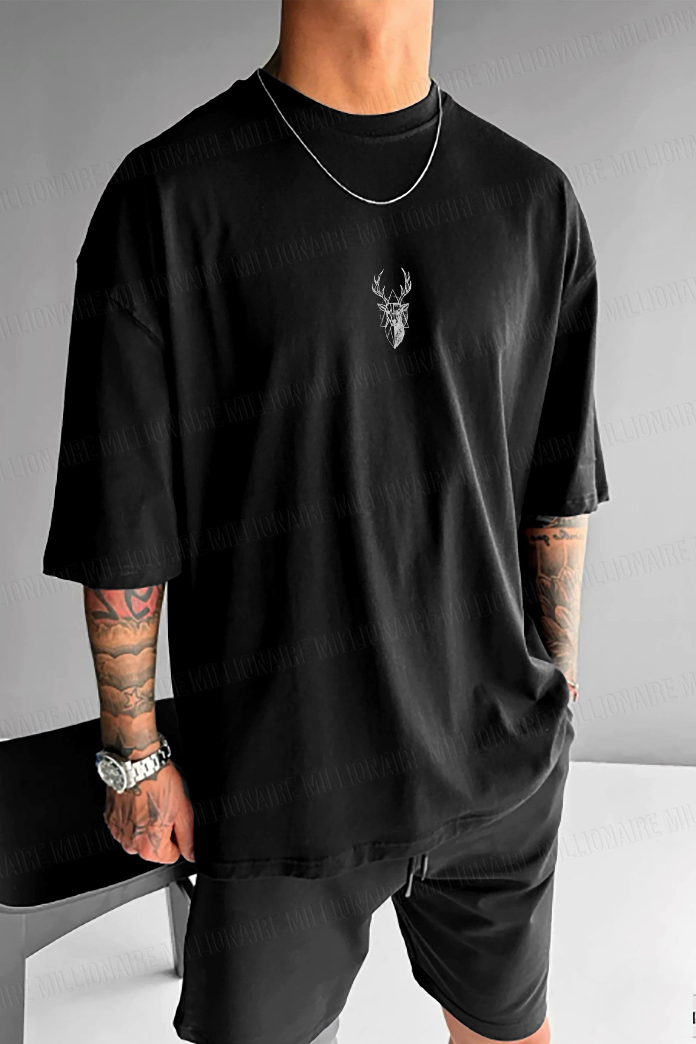 Erkek Siyah Geyik Baskılı Oversize Fit Bol Geniş Kalıp Salaş Kesim T-shirt