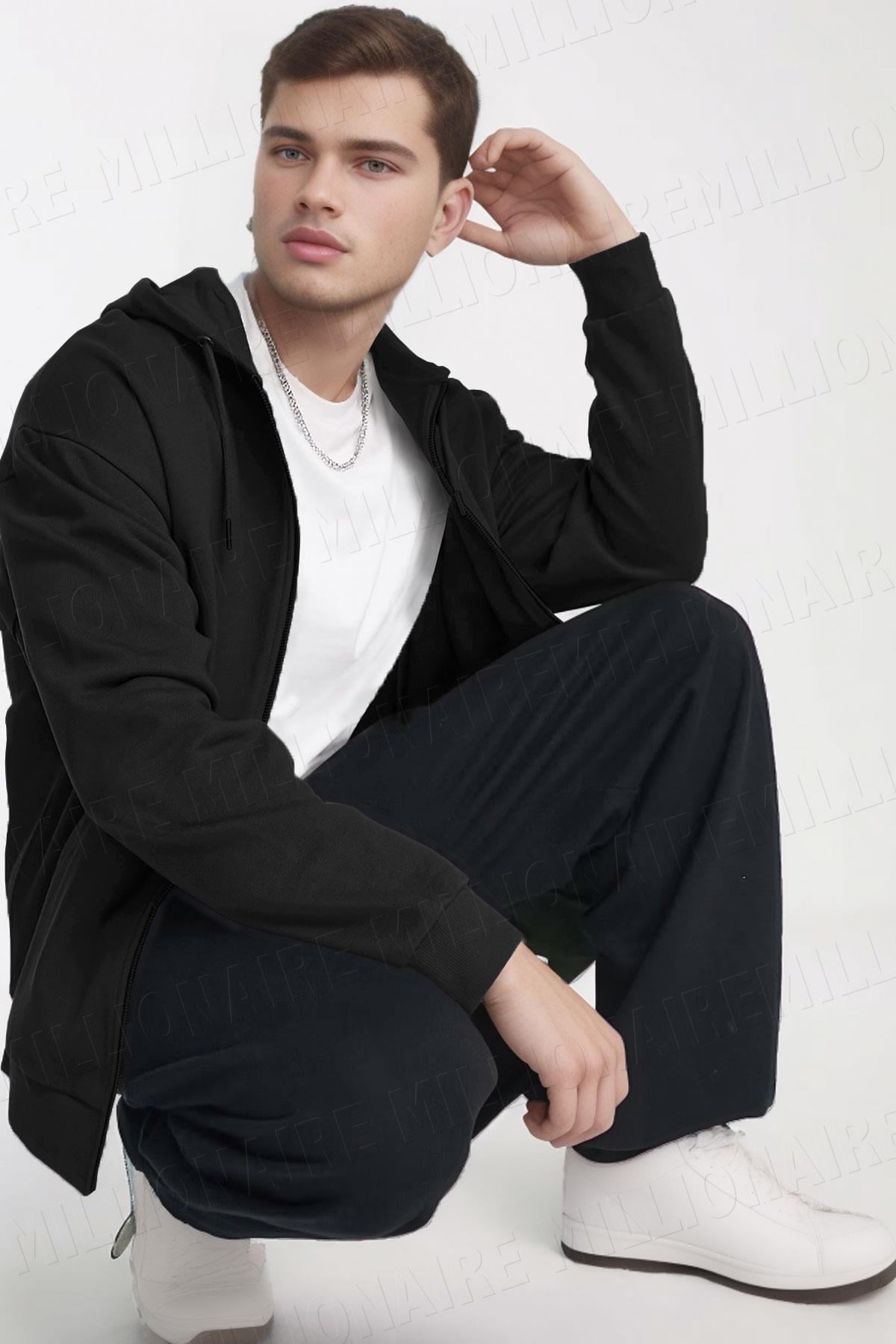 Erkek Siyah Kapüşonlu Fermuarlı 3 Üç İplik Polar Kanguru Oversize Sweatshirt Zip Up Hoodie
