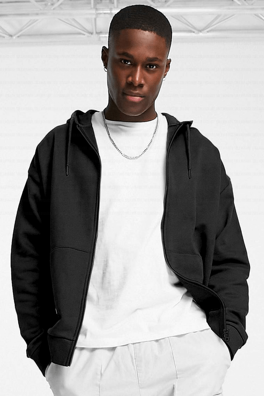 Erkek Siyah Kapüşonlu Fermuarlı 3 Üç İplik Polar Kanguru Oversize Salaş Sweatshirt Zip Up Hoodie