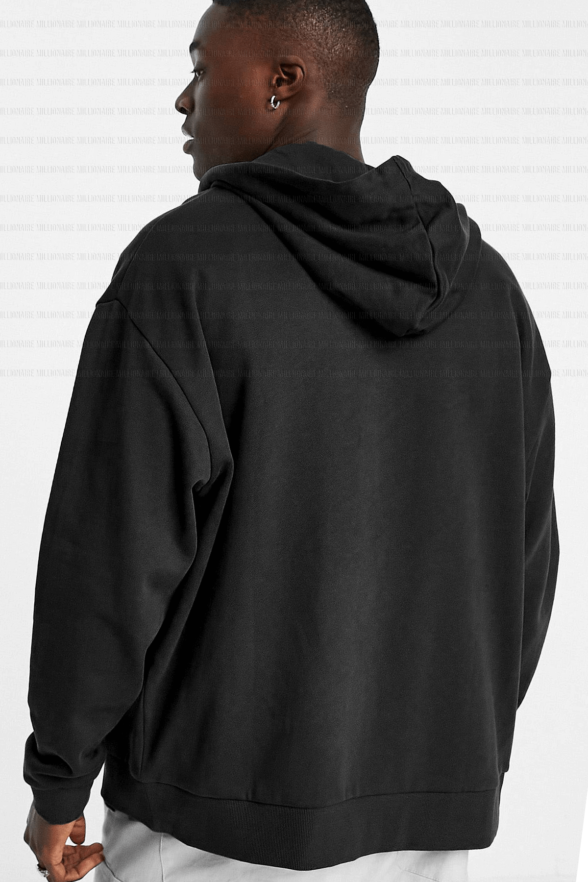 Erkek Siyah Kapüşonlu Fermuarlı 3 Üç İplik Polar Kanguru Oversize Salaş Sweatshirt Zip Up Hoodie