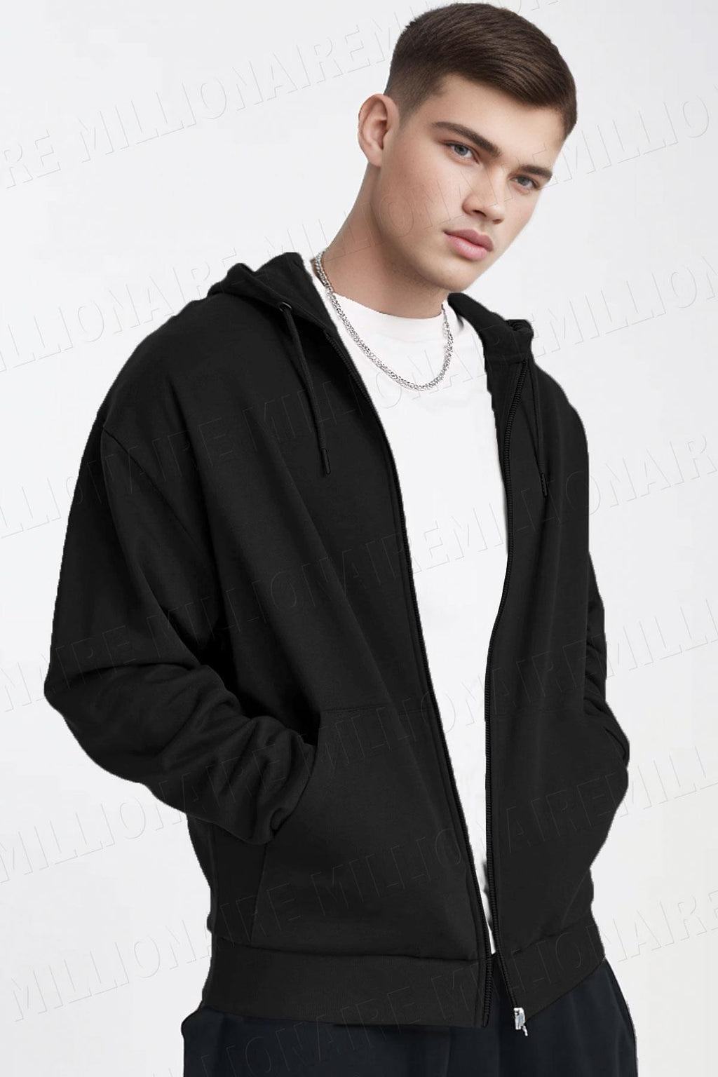 Erkek Siyah Kapüşonlu Fermuarlı 3 Üç İplik Polar Kanguru Oversize Sweatshirt Zip Up Hoodie