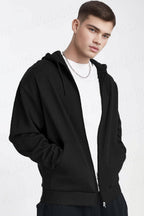 Erkek Siyah Kapüşonlu Fermuarlı 3 Üç İplik Polar Kanguru Oversize Sweatshirt Zip Up Hoodie