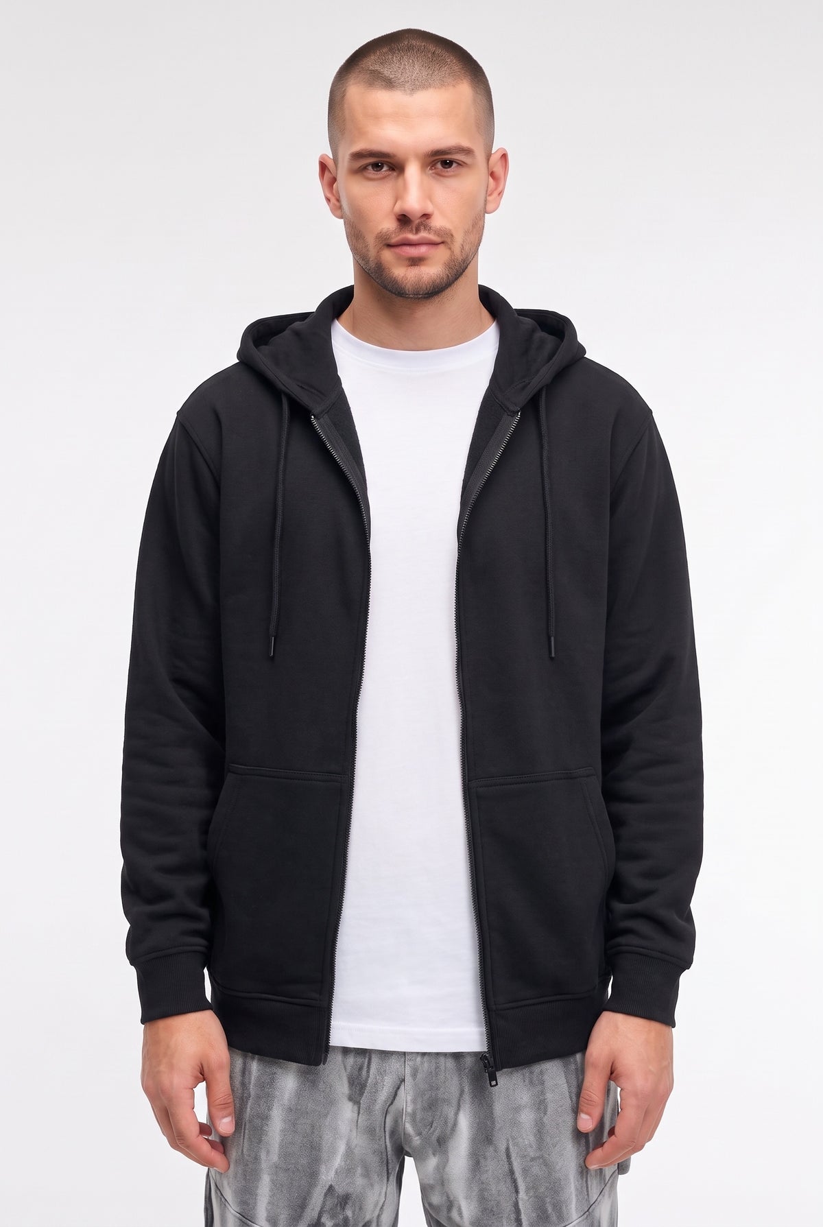 Erkek Siyah Kapüşonlu Fermuarlı 3 Üç İplik Polar Kanguru Oversize Sweatshirt Zip Up Hoodie