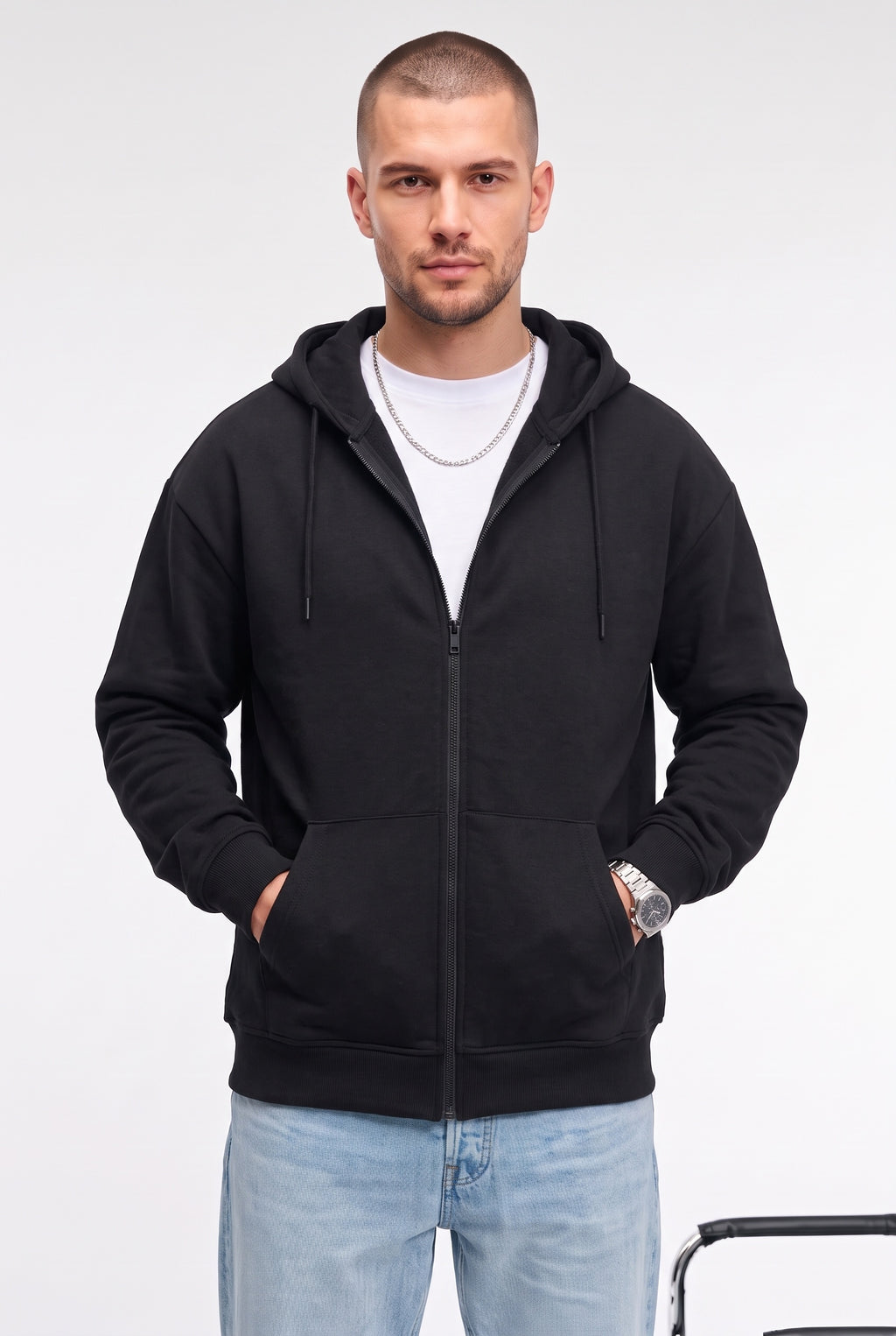 Erkek Siyah Kapüşonlu Fermuarlı 3 Üç İplik Polar Kanguru Oversize Sweatshirt Zip Up Hoodie