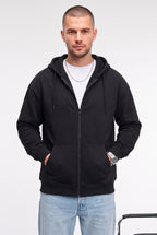 Erkek Siyah Kapüşonlu Fermuarlı 3 Üç İplik Polar Kanguru Oversize Sweatshirt Zip Up Hoodie