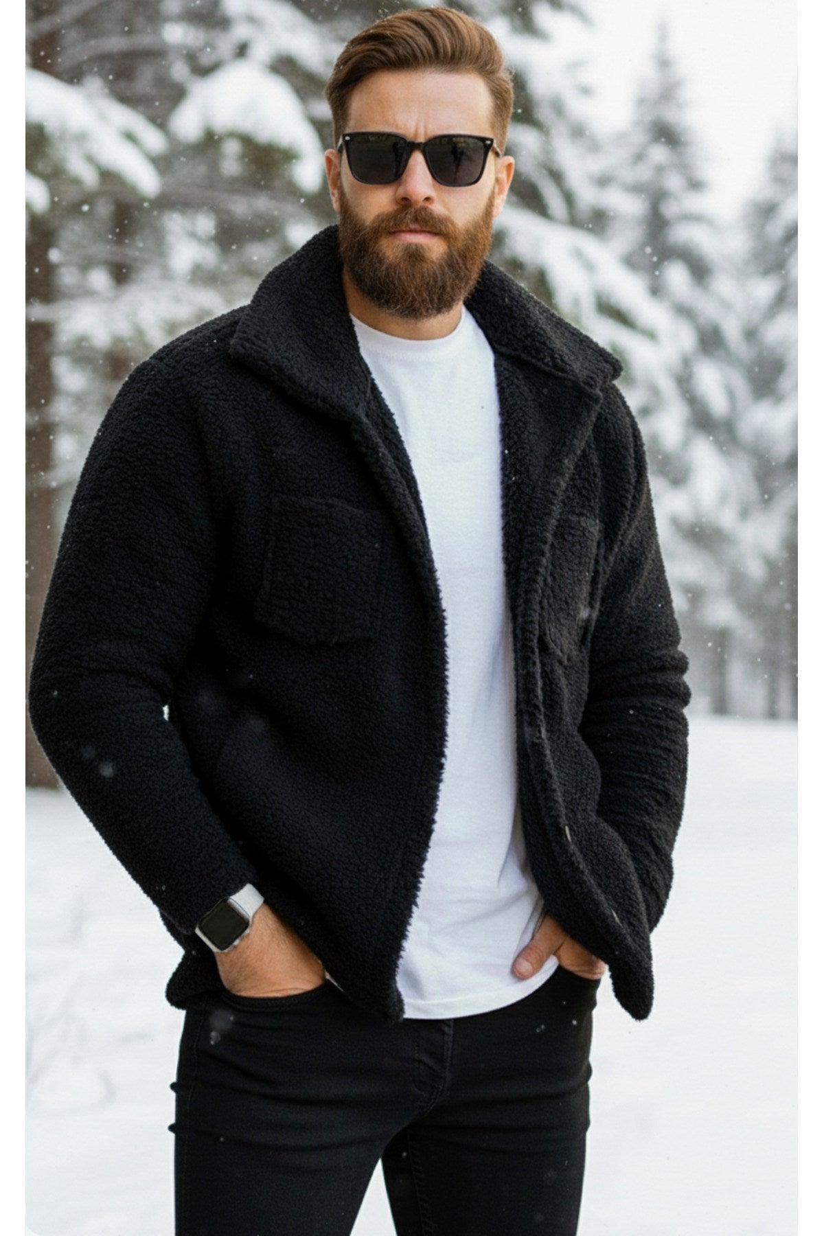 Erkek Siyah Peluş Tüylü Gömlek Yaka Modeli Düğmeli Ceket Hırka Mont Sweatshirt Polar