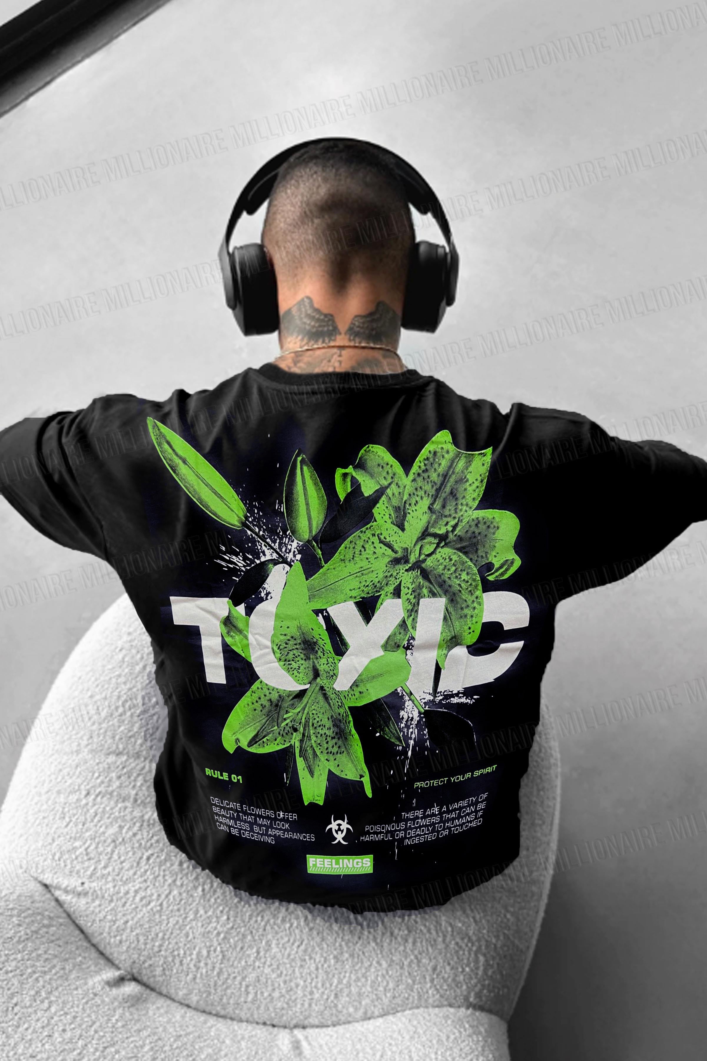 Erkek Siyah Toxic Oversize Fit Bol Geniş Kalıp Salaş Kesim T-shirt
