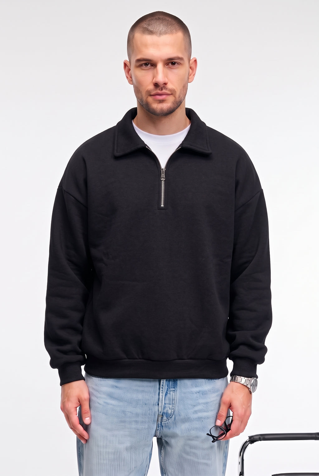 Erkek Siyah Yarım Fermuar Polo Yaka 3 İplik İçi Polarlı Şardonlu Oversize Sweatshirt