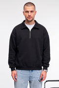 Erkek Siyah Yarım Fermuar Polo Yaka 3 İplik İçi Polarlı Şardonlu Oversize Sweatshirt