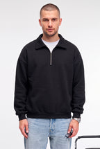 Erkek Siyah Yarım Fermuar Polo Yaka 3 İplik İçi Polarlı Şardonlu Oversize Sweatshirt