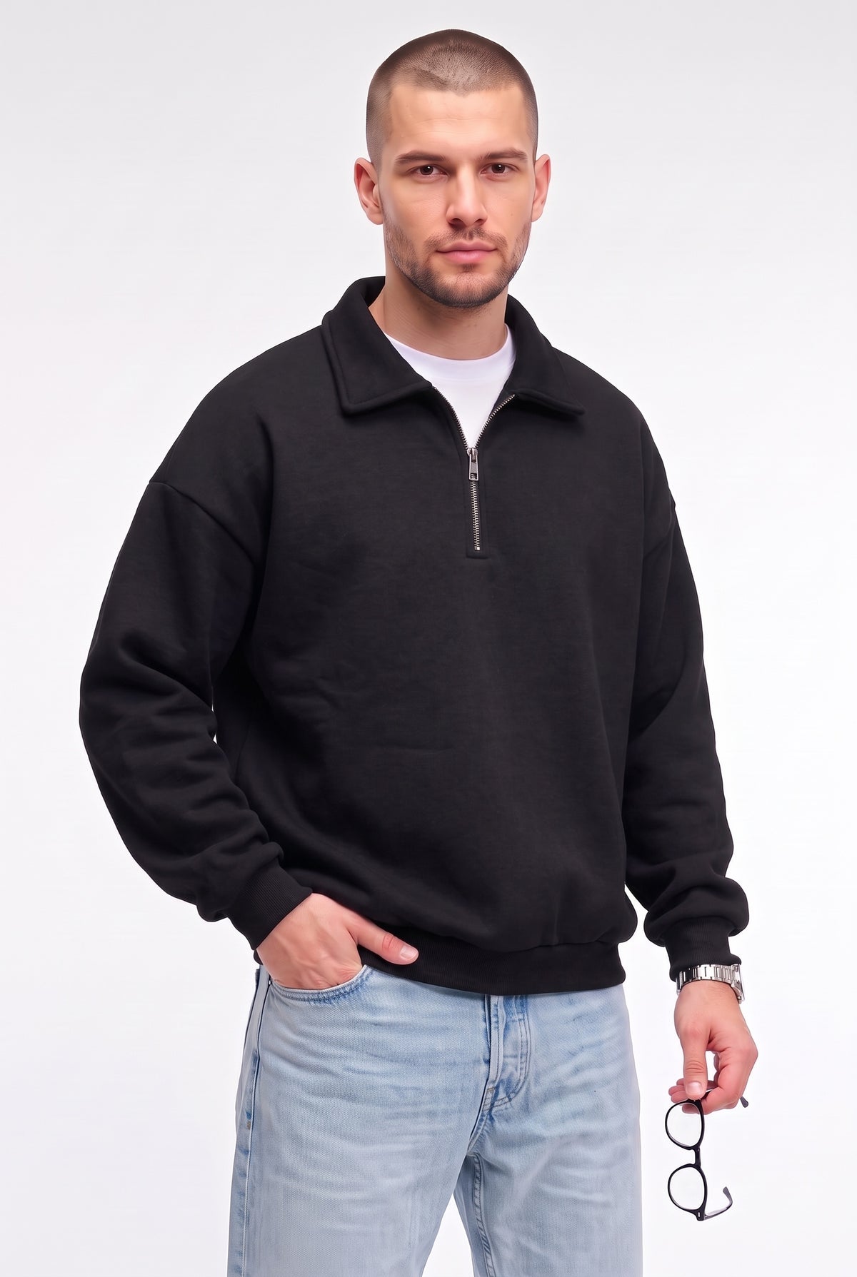 Erkek Siyah Yarım Fermuar Polo Yaka 3 İplik İçi Polarlı Şardonlu Oversize Sweatshirt