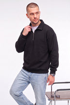 Erkek Siyah Yarım Fermuar Polo Yaka 3 İplik İçi Polarlı Şardonlu Oversize Sweatshirt