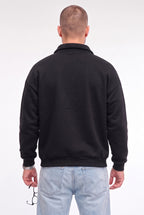 Erkek Siyah Yarım Fermuar Polo Yaka 3 İplik İçi Polarlı Şardonlu Oversize Sweatshirt