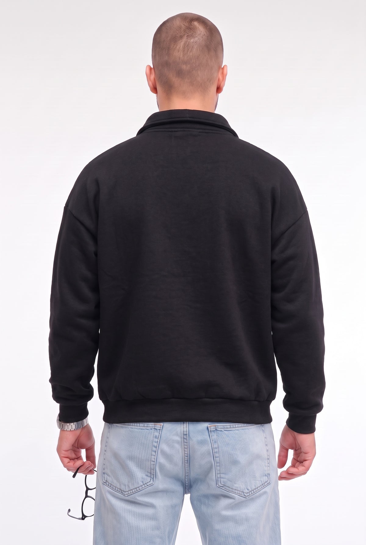 Erkek Siyah Yarım Fermuar Polo Yaka 3 İplik İçi Polarlı Şardonlu Oversize Sweatshirt