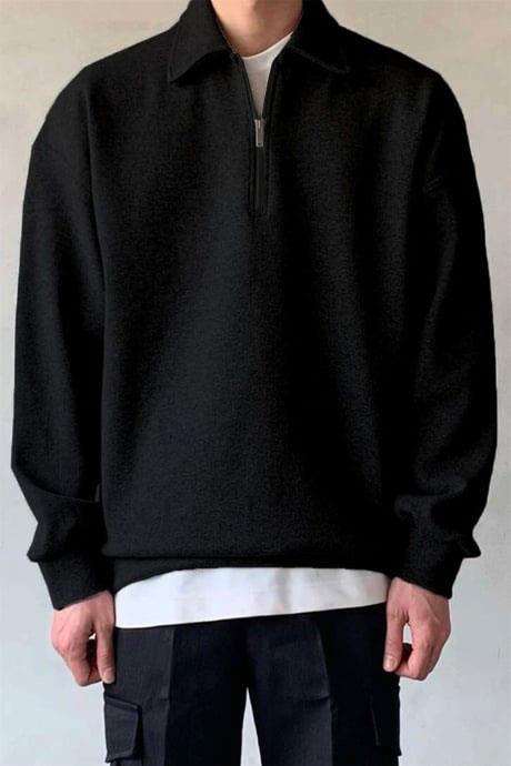 Erkek Siyah Yarım Fermuar Polo Yaka 3 İplik İçi Polarlı Şardonlu Oversize Sweatshirt