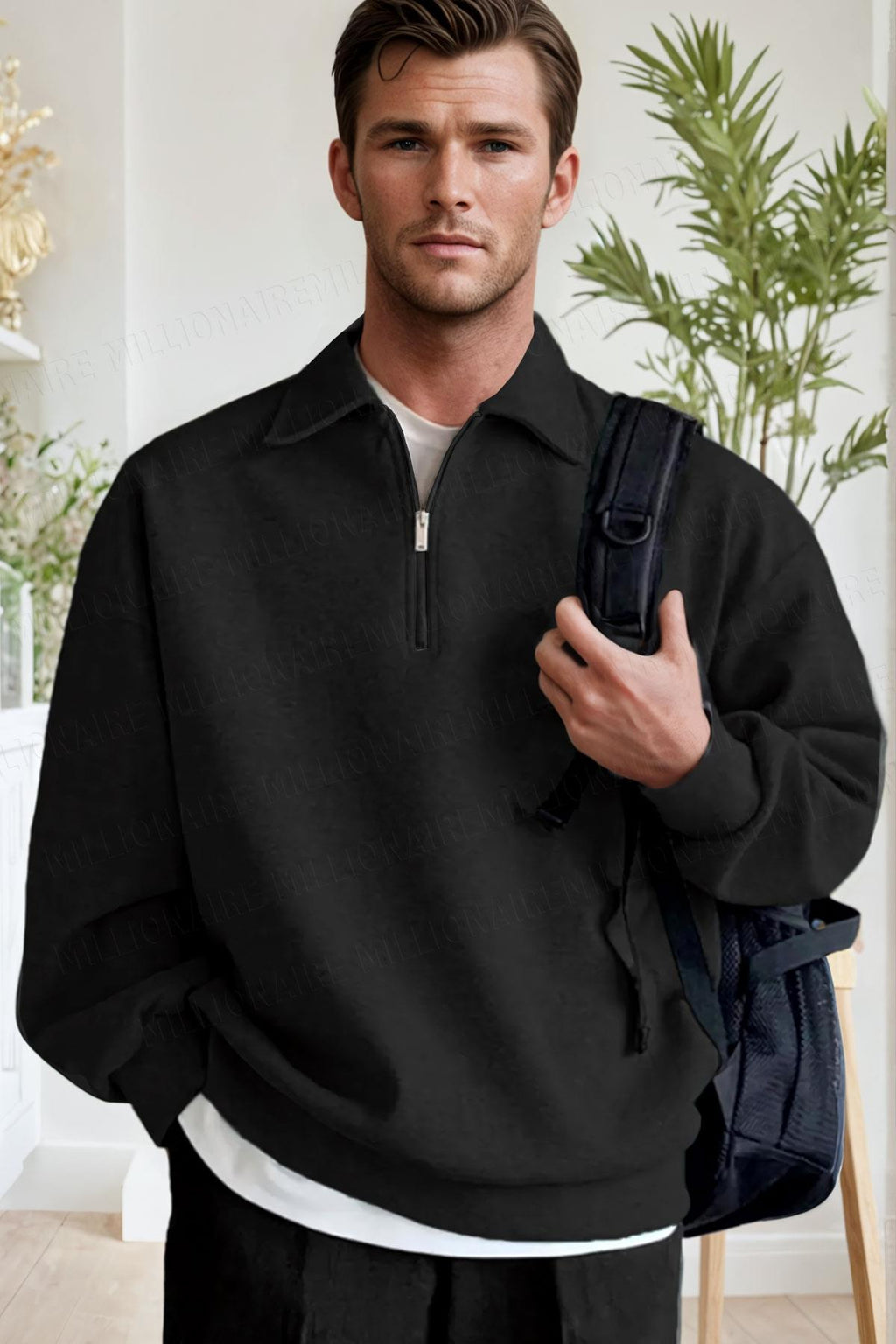 Erkek Siyah Yarım Fermuar Polo Yaka 3 İplik İçi Polarlı Şardonlu Oversize Sweatshirt