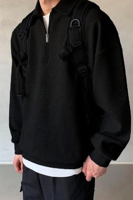 Erkek Siyah Yarım Fermuar Polo Yaka 3 İplik İçi Polarlı Şardonlu Oversize Sweatshirt