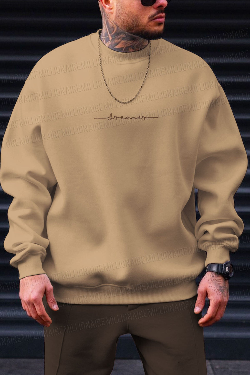 Erkek Sütlü Kahve Melanj Dreamer Baskılı 0 Sıfır Yaka Oversize Salaş Bol Kesim Polar Sweatshirt