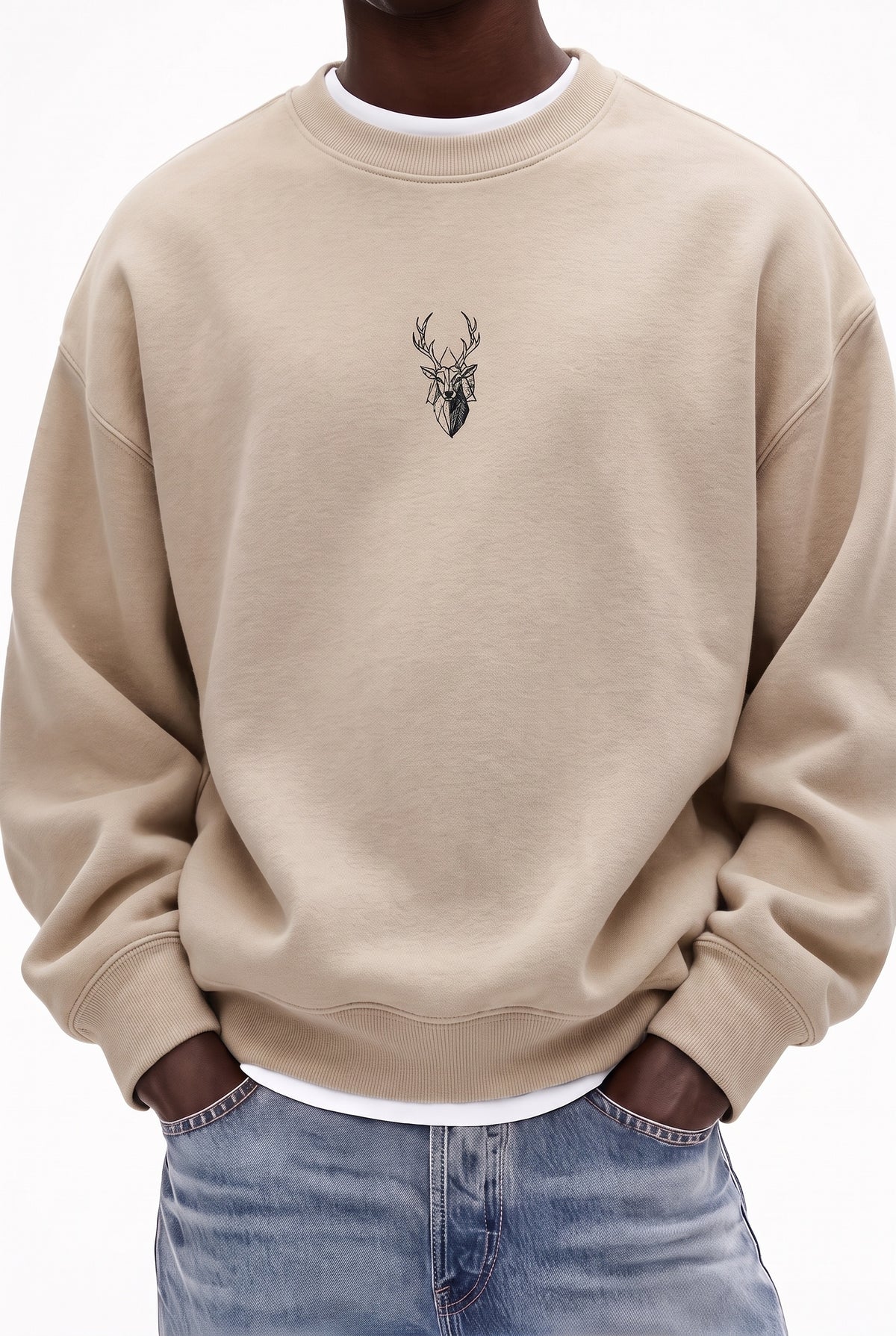 Erkek Taş Kum Bej Geyik Soft 3 İplik içi Şardonlu 0 Sıfır Yaka Oversize Salaş Sweatshirt