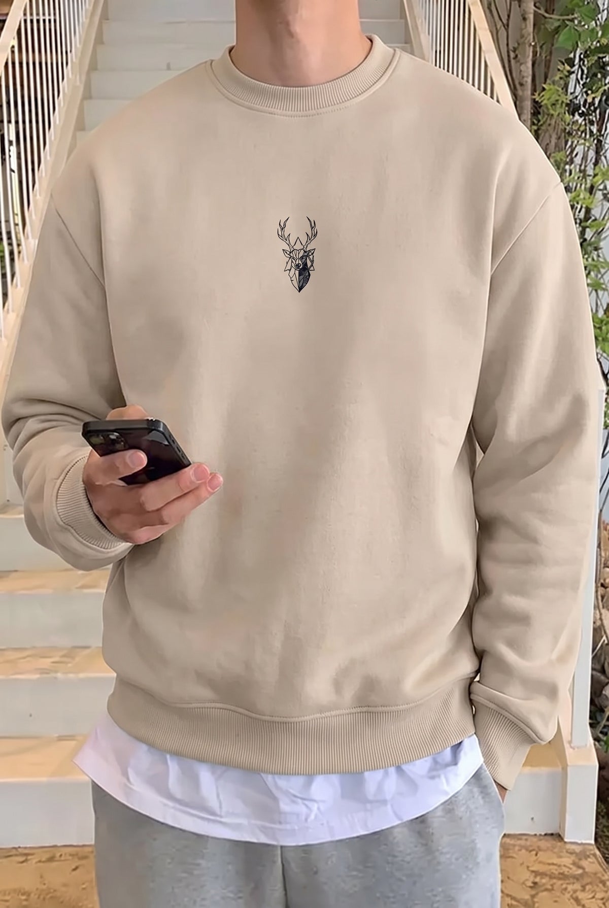 Erkek Taş Kum Bej Geyik Soft 3 İplik içi Şardonlu 0 Sıfır Yaka Oversize Salaş Sweatshirt