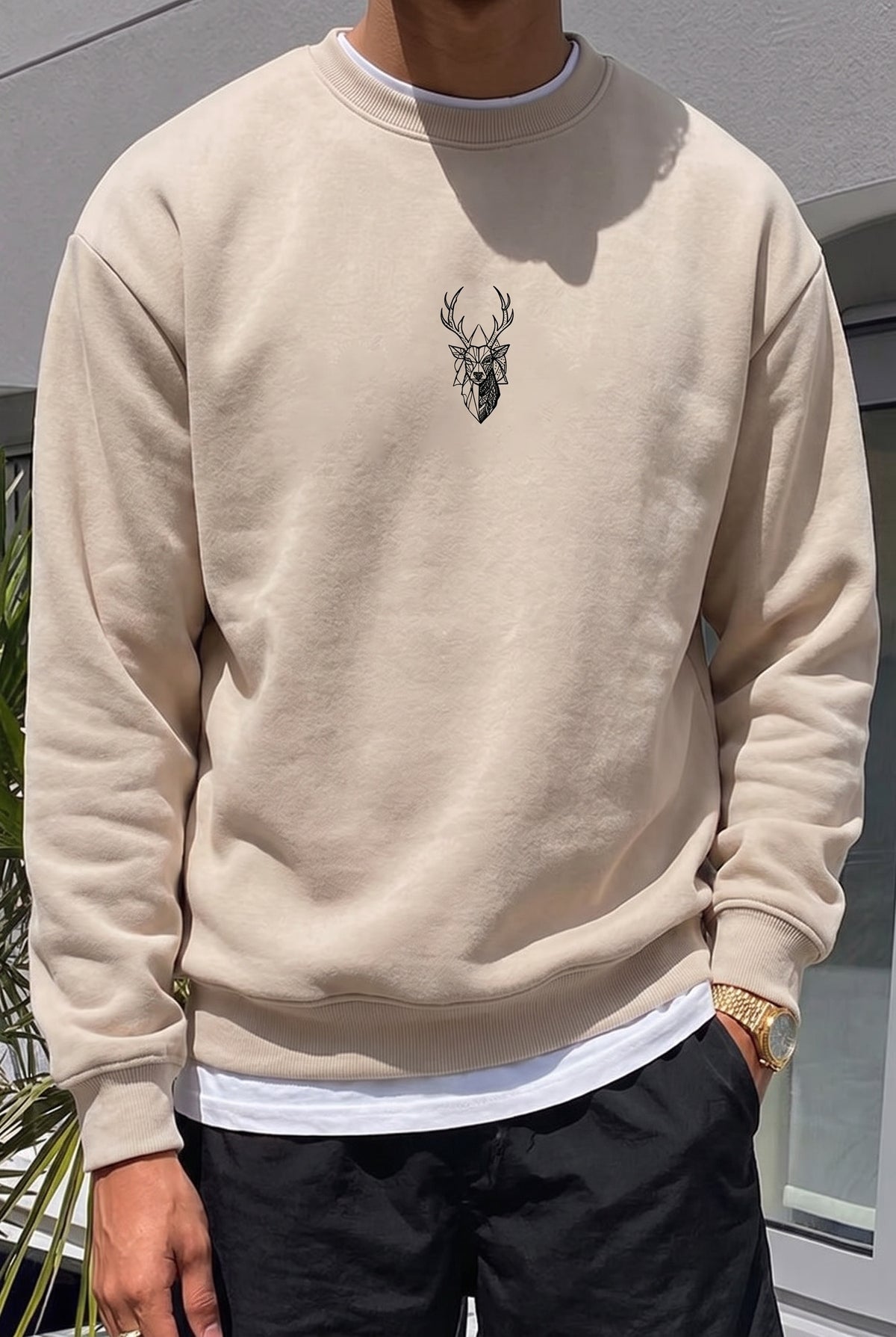 Erkek Taş Kum Bej Geyik Soft 3 İplik içi Şardonlu 0 Sıfır Yaka Oversize Salaş Sweatshirt