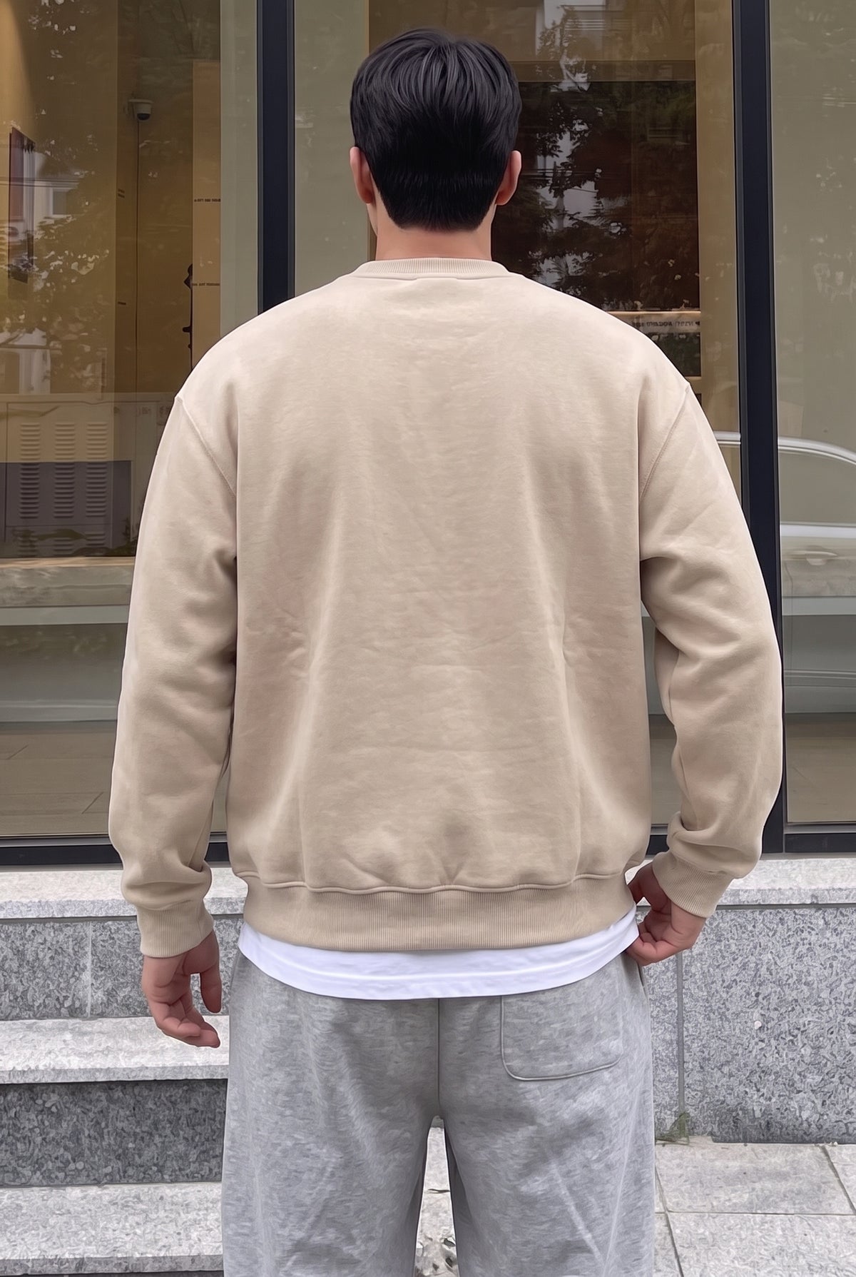 Erkek Taş Kum Bej Geyik Soft 3 İplik içi Şardonlu 0 Sıfır Yaka Oversize Salaş Sweatshirt
