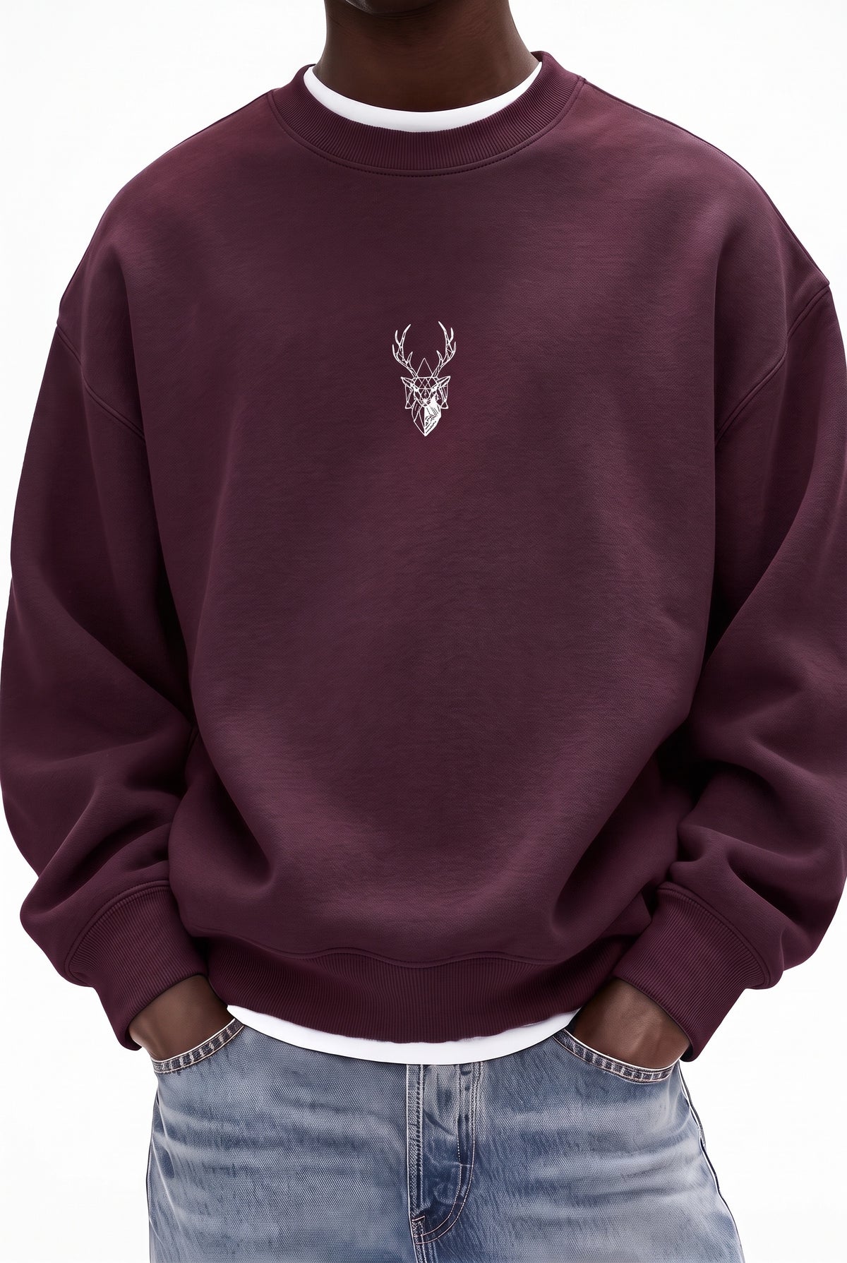 Erkek Vişne Koyu Bordo Geyik Soft 3 İplik içi Şardonlu 0 Sıfır Yaka Oversize Salaş Sweatshirt