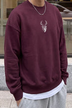 Erkek Vişne Koyu Bordo Geyik Soft 3 İplik içi Şardonlu 0 Sıfır Yaka Oversize Salaş Sweatshirt