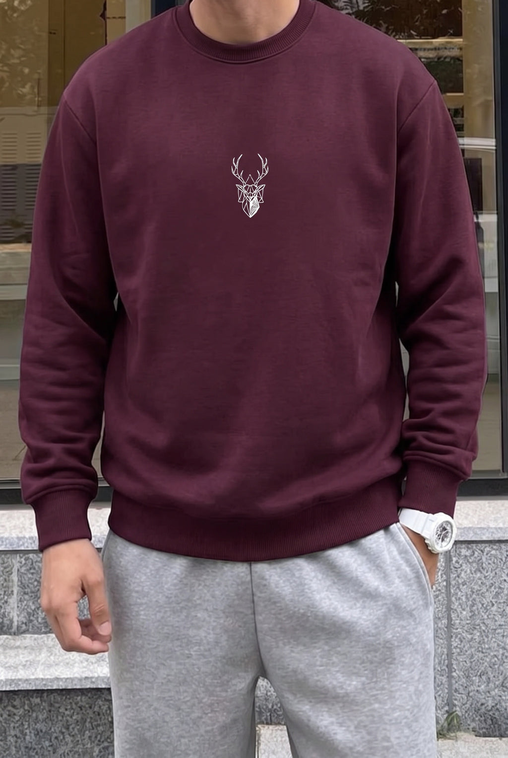Erkek Vişne Koyu Bordo Geyik Soft 3 İplik içi Şardonlu 0 Sıfır Yaka Oversize Salaş Sweatshirt