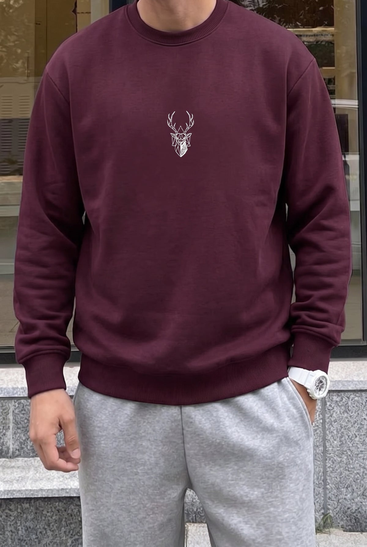 Erkek Vişne Koyu Bordo Geyik Soft 3 İplik içi Şardonlu 0 Sıfır Yaka Oversize Salaş Sweatshirt