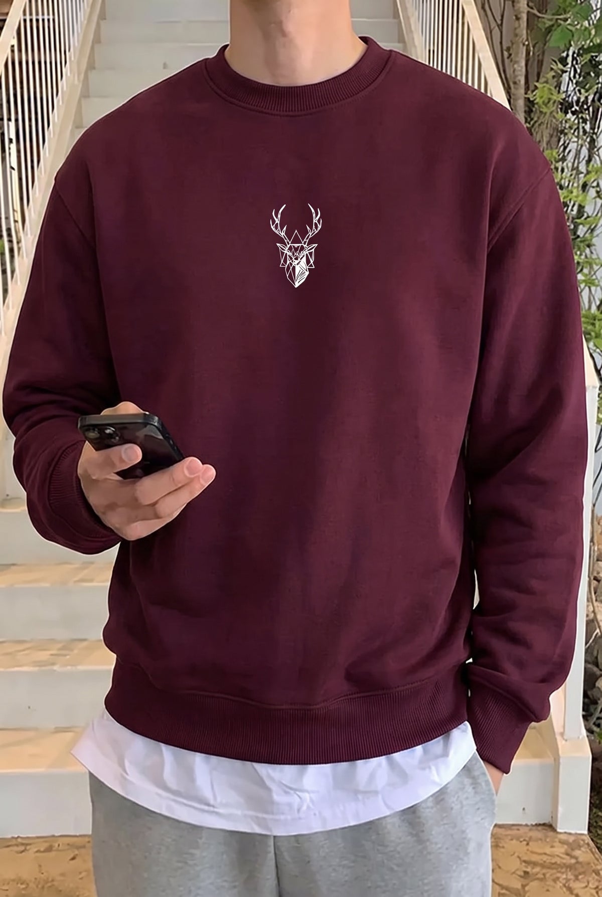 Erkek Vişne Koyu Bordo Geyik Soft 3 İplik içi Şardonlu 0 Sıfır Yaka Oversize Salaş Sweatshirt