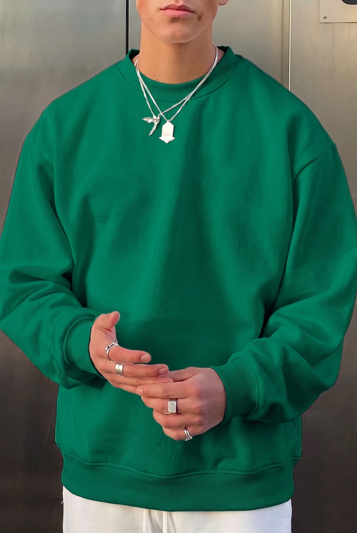 Erkek Yeşil Basic 0 Sıfır Yaka Baskısız Düz Oversize Salaş Bol Kesim Polar Sweatshirt