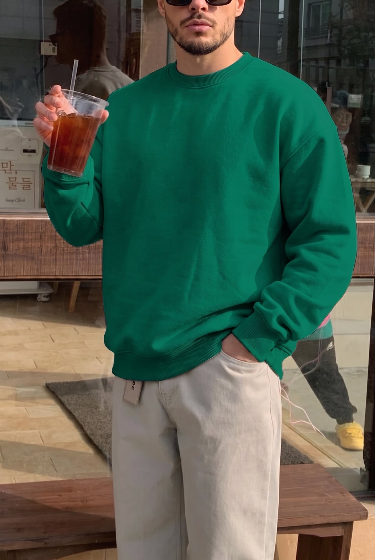 Erkek Yeşil Basic 0 Sıfır Yaka Baskısız Düz Oversize Salaş Bol Kesim Polar Sweatshirt