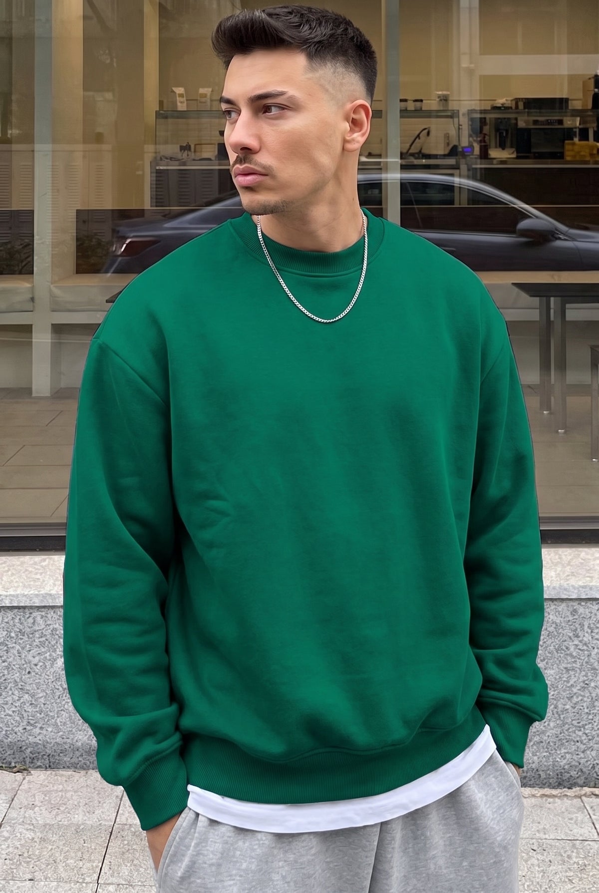 Erkek Yeşil Basic 0 Sıfır Yaka Baskısız Düz Oversize Salaş Bol Kesim Polar Sweatshirt