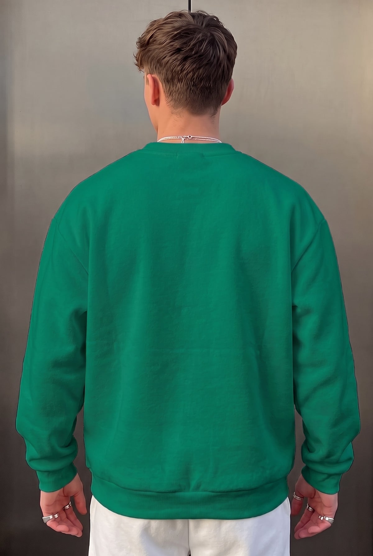Erkek Yeşil Basic 0 Sıfır Yaka Baskısız Düz Oversize Salaş Bol Kesim Polar Sweatshirt