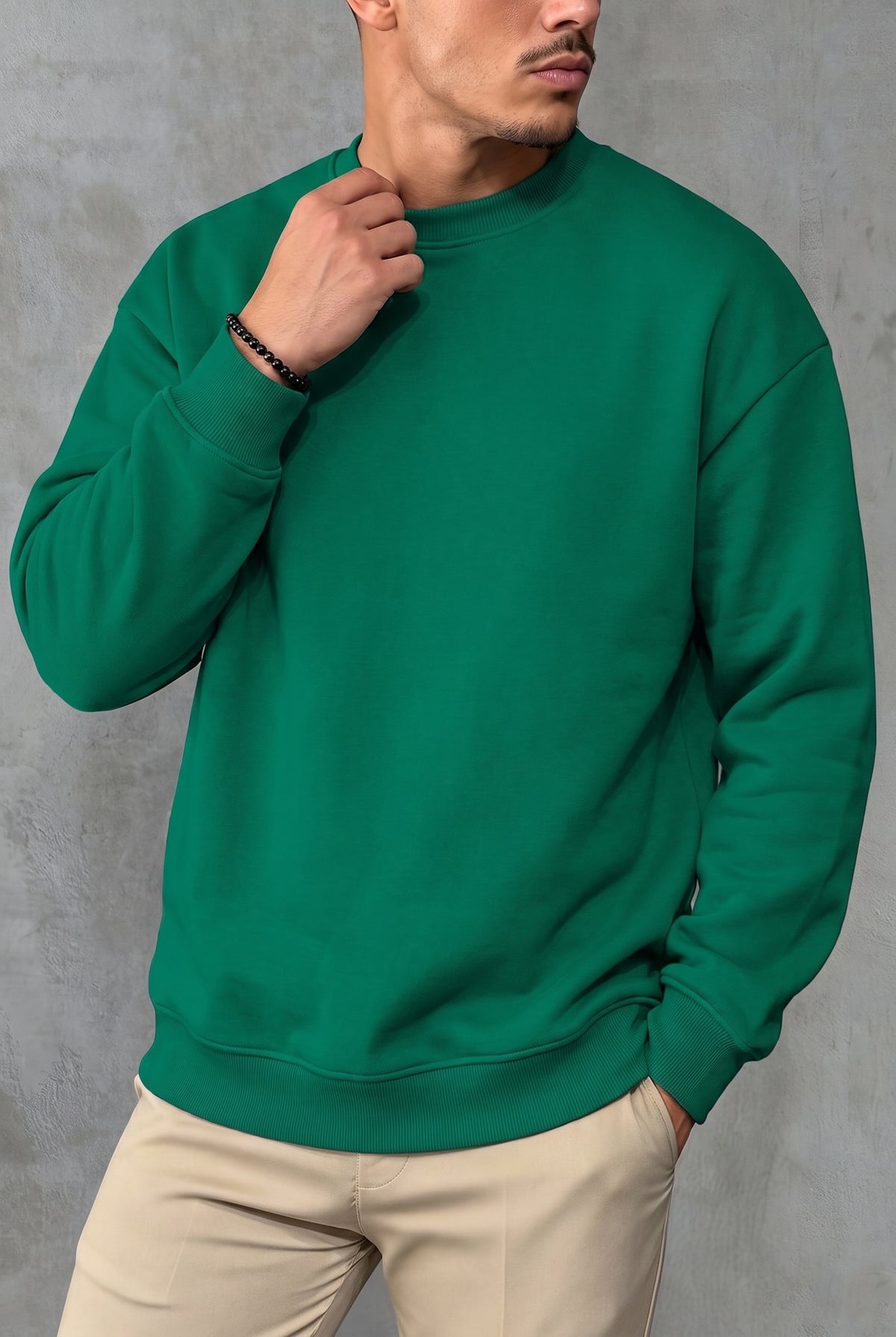 Erkek Yeşil Basic 0 Sıfır Yaka Baskısız Düz Oversize Salaş Bol Kesim Polar Sweatshirt
