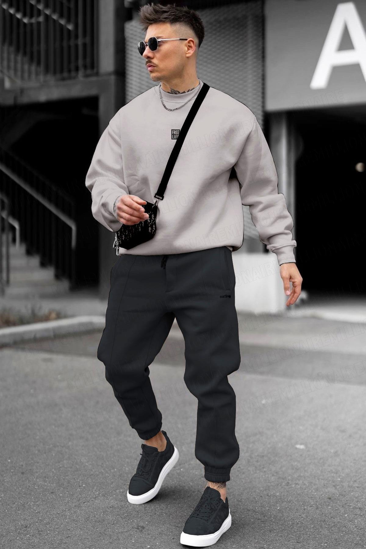 Erkek Koyu Gri Free Life Baskılı Kalın Soft 3 İplik içi Şardonlu 0 Sıfır Yaka Oversize Salaş Sweatshirt