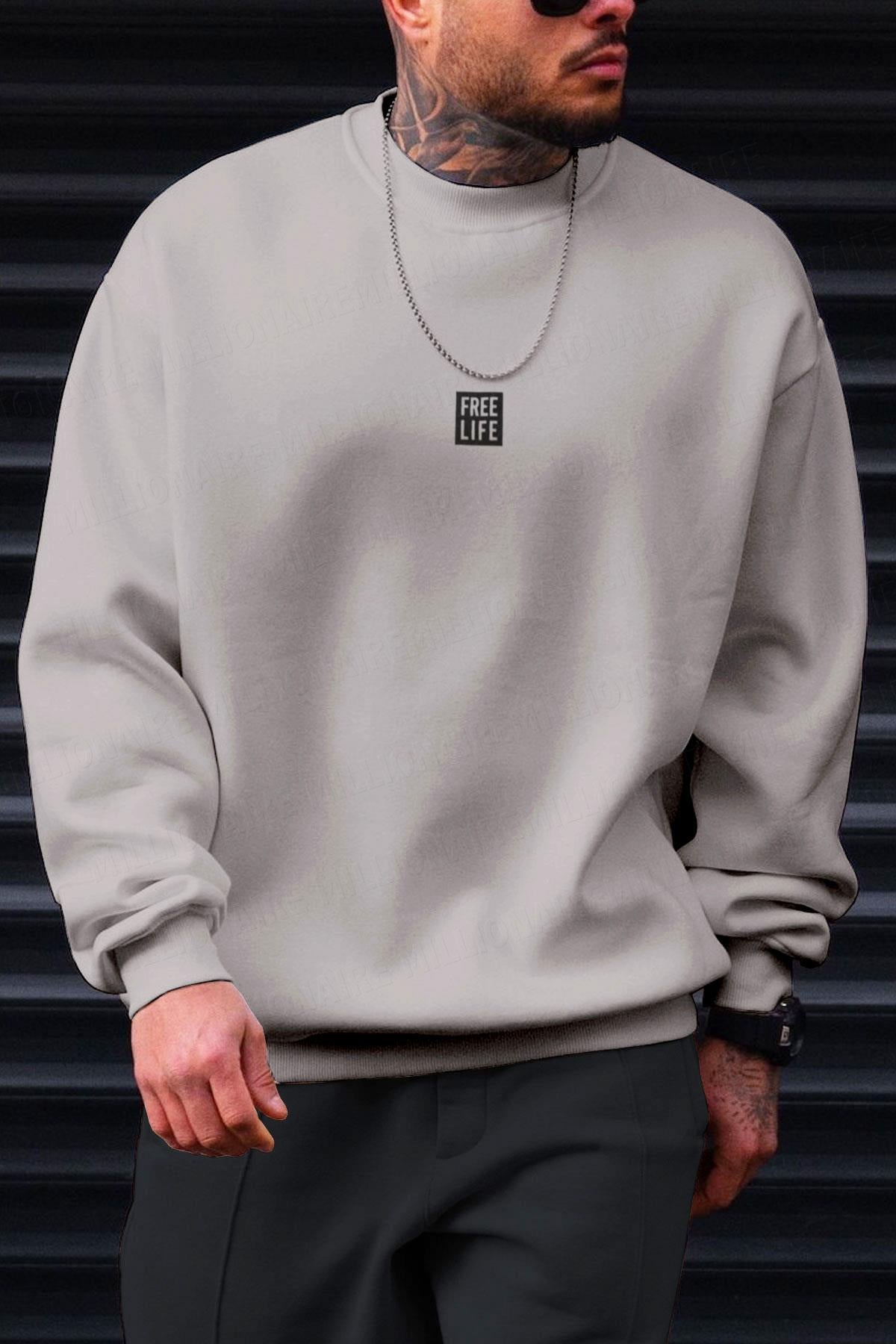 Erkek Koyu Gri Free Life Baskılı Kalın Soft 3 İplik içi Şardonlu 0 Sıfır Yaka Oversize Salaş Sweatshirt