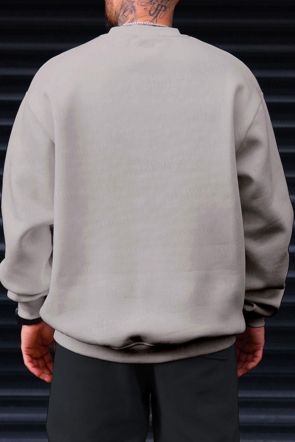 Erkek Koyu Gri Free Life Baskılı Kalın Soft 3 İplik içi Şardonlu 0 Sıfır Yaka Oversize Salaş Sweatshirt