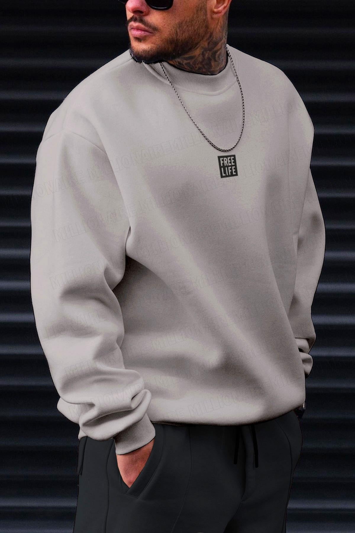 Erkek Koyu Gri Free Life Baskılı Kalın Soft 3 İplik içi Şardonlu 0 Sıfır Yaka Oversize Salaş Sweatshirt